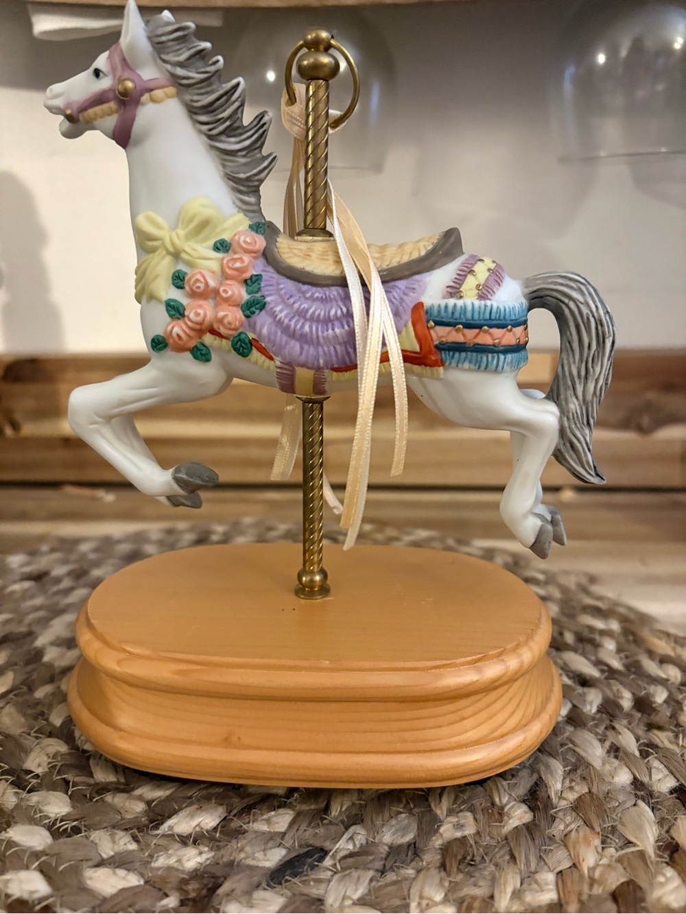 Vintage  Painted Ceramic Carousel Horse Figurine on Wooden Base,